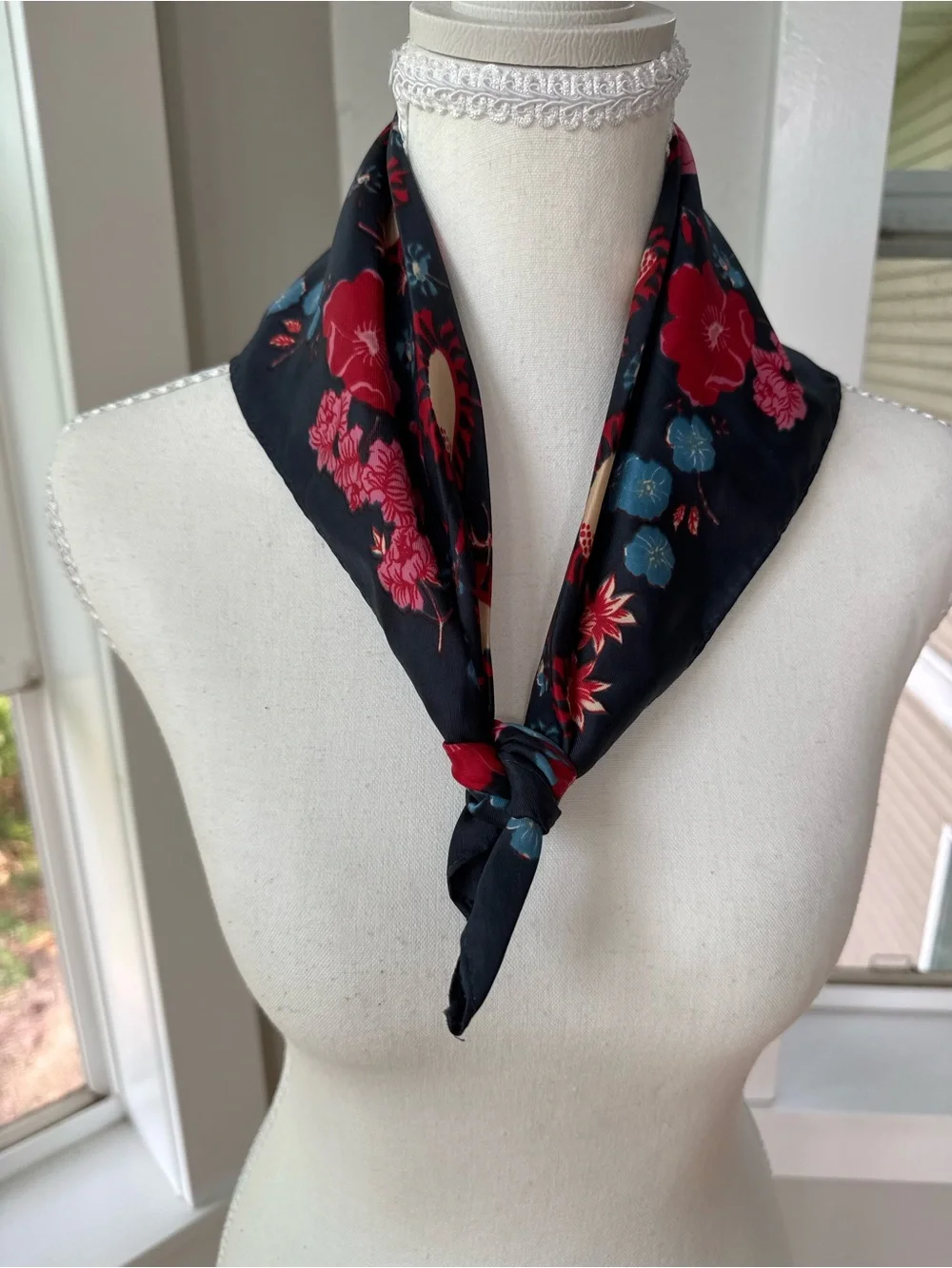 Vintage Black Floral Square Scarf with Pink, Blue & Red Accents